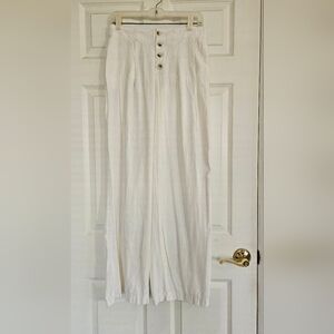 High-Rise Button-Front White Linen Wide Leg Pants.